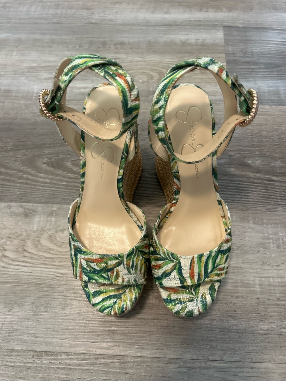 Jessica Simpson Green Tropical Leaf Wedge Sandals with Ankle Strap